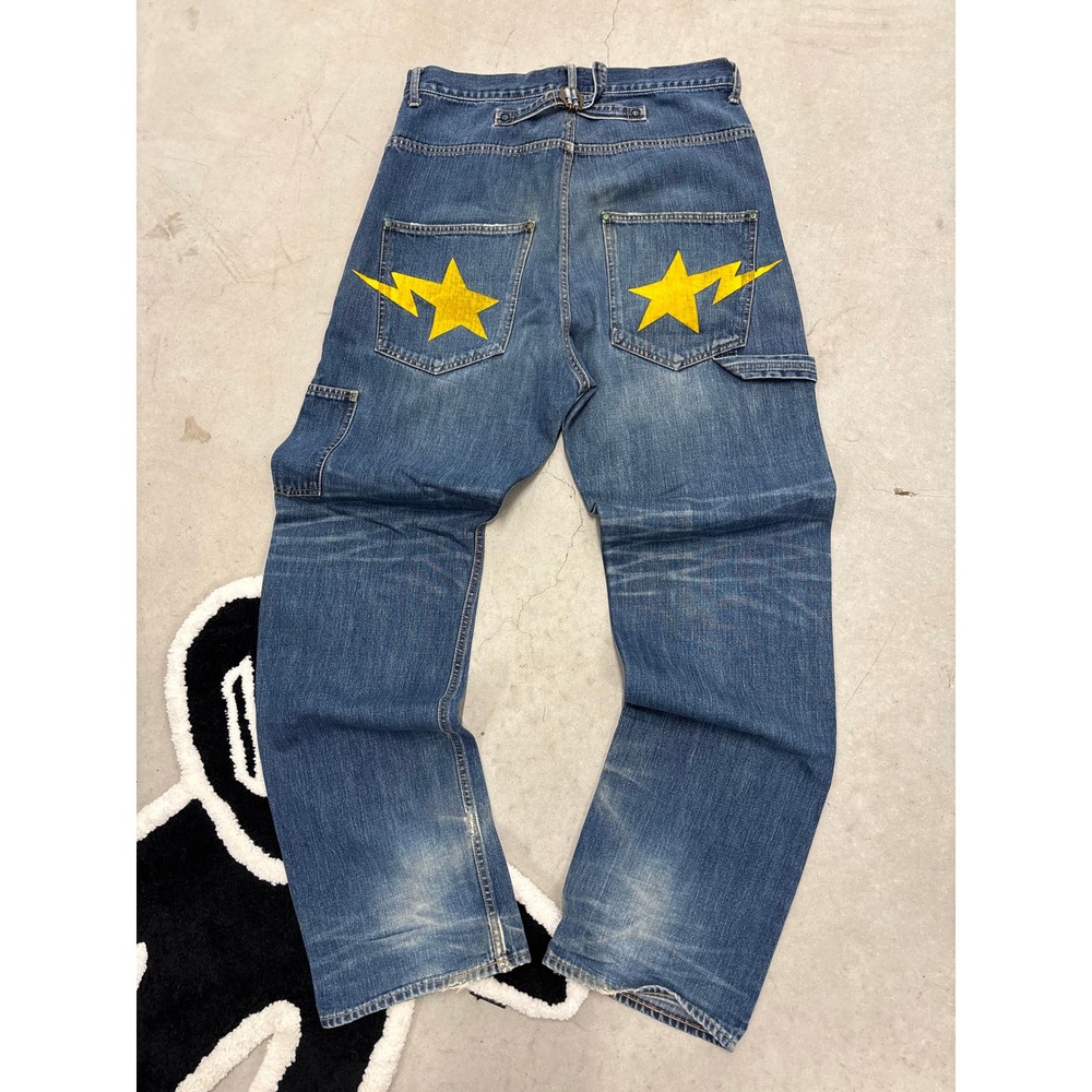 BAPE Bapesta Vintage 2000s Jeans Yellow Star Cinch Back Carpenter Blue 33x32